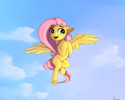 Size: 2500x2000 | Tagged: dead source, safe, artist:miokomata, character:fluttershy, species:pony, cloud, cute, cute little fangs, fangs, female, floppy ears, flying, freckles, shyabetes, sky, smiling, solo, toothbrush