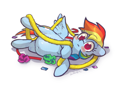 Size: 1616x1154 | Tagged: safe, artist:dawnfire, character:rainbow dash, species:pegasus, species:pony, belly, belly button, blushing, chubby, cute, dashabetes, fat, female, holiday, mare, rainblob dash, silly, silly pony, solo, tangled up, tubby wubby pony waifu, wings