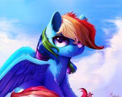 Size: 2500x2000 | Tagged: safe, artist:miokomata, character:rainbow dash, species:pegasus, species:pony, cloud, female, mare, multicolored hair, sky, smiling, solo
