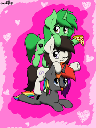Size: 1536x2048 | Tagged: safe, artist:kimjoman, oc, oc only, oc:aggie, oc:krylone, oc:pisty, species:pony, cute, food, heart, looking at you, looking up, meat, one eye closed, pepperoni, pepperoni pizza, pizza, ponified, stack, tongue out, tower of pony, wink