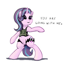 Size: 1200x1072 | Tagged: safe, artist:xbi, character:starlight glimmer, species:pony, species:unicorn, belly button, bipedal, bulletproof vest, clothing, dialogue, ear fluff, female, mare, pubic fluff, simple background, solo, standing, white background