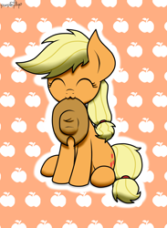 Size: 1536x2101 | Tagged: safe, artist:kimjoman, character:applejack, species:earth pony, species:pony, :3, accessories, apple, clothing, cowboy hat, cowgirl, cute, eyes closed, female, filly, happy, hat, jackabetes, mouth hold, nom, sitting, solo