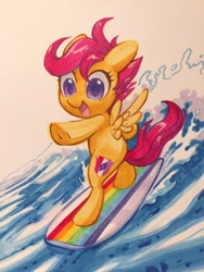 Size: 960x1280 | Tagged: safe, artist:dawnfire, character:scootaloo, species:pegasus, species:pony, bipedal, female, filly, marker drawing, solo, surfboard, surfing, traditional art, underhoof, wave