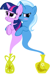 Size: 417x613 | Tagged: safe, artist:navitaserussirus, character:trixie, character:twilight sparkle, ship:twixie, cropped, female, genie, lesbian, shipping