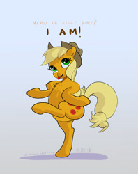 Size: 1209x1529 | Tagged: safe, artist:xbi, character:applejack, species:earth pony, species:pony, 30 minute art challenge, chest fluff, chicken dance, cute, female, flexible, gradient background, mare, silly, silly pony, solo, tongue out, truth, who's a silly pony