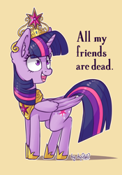 Size: 1024x1464 | Tagged: safe, alternate version, artist:dsp2003, character:twilight sparkle, character:twilight sparkle (alicorn), species:alicorn, species:pony, all my friends are dead, bad end, big crown thingy, crown, crying inside, female, immortality blues, insanity, irrational exuberance, jewelry, mare, open mouth, regalia, simple background, smiling, solo, twilight will outlive her friends, yellow background