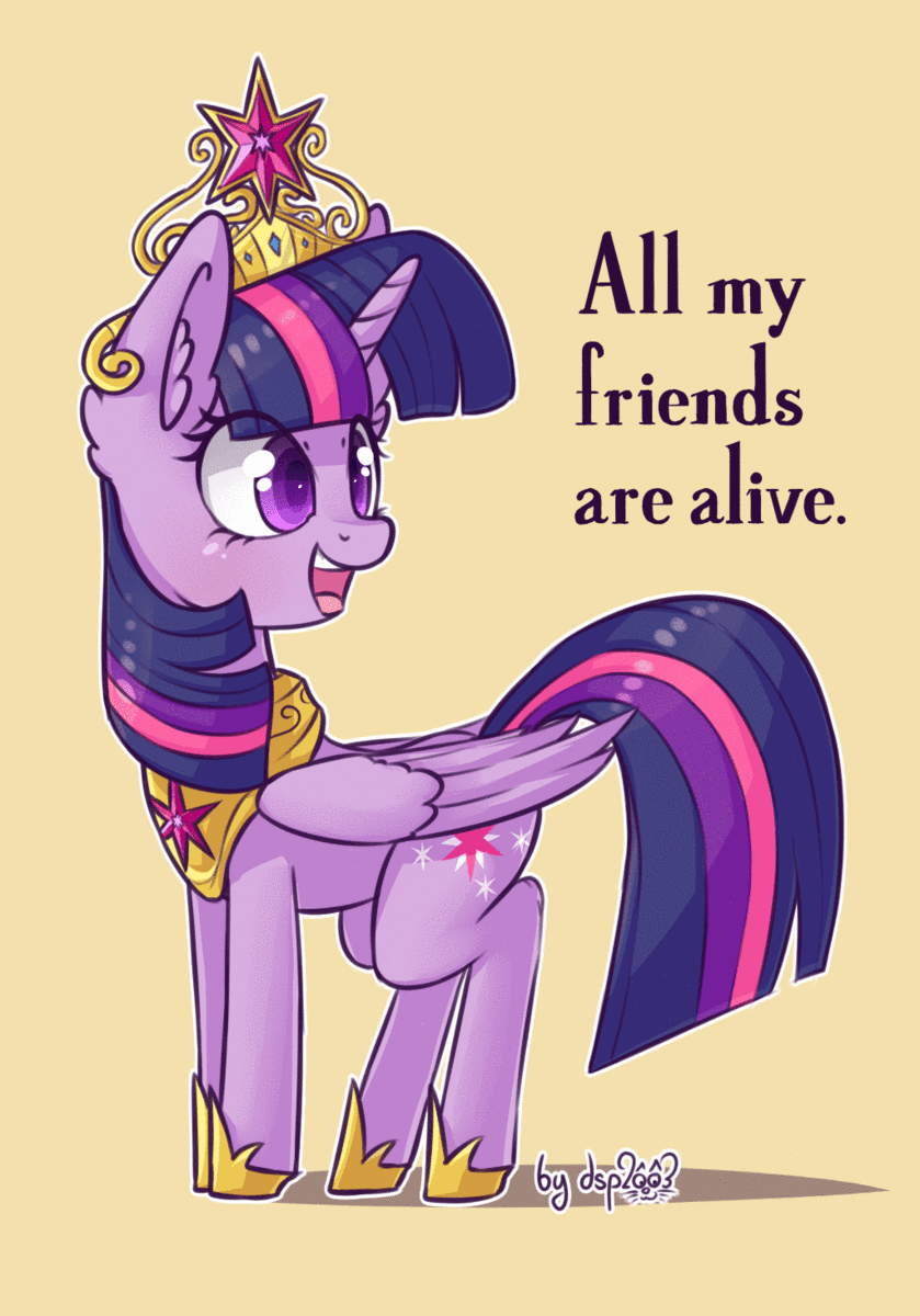 Size: 839x1200 | Tagged: safe, artist:dsp2003, edit, character:twilight sparkle, character:twilight sparkle (alicorn), species:alicorn, species:pony, all my friends are alive, all my friends are dead, animated, barely animated, big crown thingy, blushing, crown, crying inside, element of magic, female, gif, good end?, immortality, immortality blues, immortality blues no more, immortality is awesome, jewelry, mare, regalia, shrunken pupils, simple background, smiling, tan background, this will end in tears, this will end in tears and/or death
