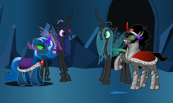 Size: 2504x1504 | Tagged: safe, artist:themexicanpunisher, character:king sombra, character:queen chrysalis, character:trixie, character:twilight sparkle, species:changeling, ship:chrysombra, ship:twixie, alternate universe, changeling queen, changelingified, dark magic, empress lulamoon, empress trixie, female, glowing horn, lesbian, magic, male, queen trixie, queen twilight, raised hoof, shipping, sombra eyes, species swap, straight