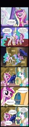 Size: 850x3702 | Tagged: safe, artist:drawponies, artist:tan575, character:princess cadance, character:princess celestia, character:princess luna, species:alicorn, species:pony, comic, death becomes her, dialogue, female, grammar error, magic, mare, royal sisters, speech bubble, stairs