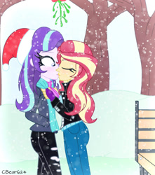 Size: 900x1016 | Tagged: safe, artist:cbear624, character:starlight glimmer, character:sunset shimmer, ship:shimmerglimmer, my little pony:equestria girls, spoiler:eqg specials, bench, blushing, christmas, clothing, duo, eyes closed, female, hat, holiday, jacket, kissing, lesbian, mistletoe, mittens, pants, santa hat, scarf, shipping, snow, snowfall, surprise kiss