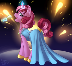 Size: 1280x1177 | Tagged: safe, artist:sugaryviolet, oc, oc only, oc:sugary violet, species:pony, champagne, clothing, dress, fireworks, magic, new year, tail wrap, telekinesis