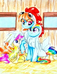 Size: 1742x2273 | Tagged: safe, artist:liaaqila, character:rainbow dash, character:scootaloo, character:windy whistles, species:pegasus, species:pony, animal costume, chest fluff, chick, chicken coop, chicken suit, clothing, costume, cute, cutealoo, dashabetes, dawwww, eye contact, family, female, filly, googly eyes, happy, hay, henbow dash, hug, leg fluff, liaaqila is trying to murder us, looking at each other, mare, one eye closed, open mouth, raised hoof, scootachicken, scootalove, silly, sitting, smiling, windybetes, winghug, wink