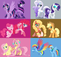 Size: 1800x1689 | Tagged: safe, artist:3d4d, artist:luckreza8, artist:orin331, character:applejack, character:fluttershy, character:pinkie pie, character:rainbow dash, character:rarity, character:twilight sparkle, character:twilight sparkle (alicorn), species:alicorn, species:earth pony, species:pegasus, species:pony, species:unicorn, g4, g5 leak, leak, applejack (g5), blaze (coat marking), blue background, braid, braided tail, brown background, coat markings, colored wings, earth pony twilight, feathered fetlocks, fluttershy (g5), gray background, long mane, mane six, mane six (g5 leak), multicolored wings, pegasus pinkie pie, pink background, pinkie pie (g5), purple background, race swap, rainbow dash (g5), rainbow wings, raised hoof, rarity (g5), simple background, socks (coat marking), spoiler, twilight sparkle (g5), unicorn fluttershy, unshorn fetlocks