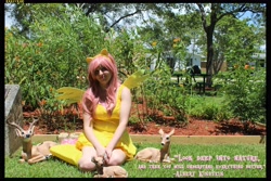 Size: 5184x3456 | Tagged: safe, artist:krazykari, character:fluttershy, species:deer, species:human, clothing, cosplay, costume, dress, garden, high res, irl, irl human, photo, pony ears, quote, solo