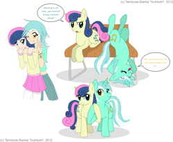 Size: 1280x1056 | Tagged: safe, artist:inuhoshi-to-darkpen, character:bon bon, character:lyra heartstrings, character:sweetie drops, ship:lyrabon, adorabon, bench, cute, dialogue, female, holding hooves, humanized, lesbian, lyrabetes, shipping, signature, simple background, sitting, upside down, white background