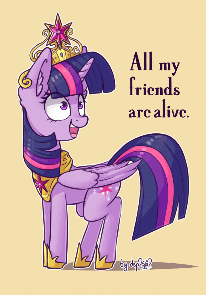 Size: 716x1024 | Tagged: safe, artist:dsp2003, edit, character:twilight sparkle, character:twilight sparkle (alicorn), species:alicorn, species:pony, all my friends are alive, all my friends are dead, animated, barely animated, big crown thingy, crown, element of magic, female, gif, insanity, insanity is magic, irrational exuberance, jewelry, mare, regalia, repost, simple background, smiling, tan background