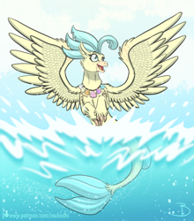 Size: 900x1025 | Tagged: safe, artist:inuhoshi-to-darkpen, character:princess skystar, species:hippogriff, species:seapony (g4), g4, my little pony: the movie (2017), cloud, female, happy, necklace, seashell, seashell necklace, sky, solo, split screen, spread wings, transformation, water, wings
