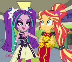 Size: 912x784 | Tagged: safe, artist:fundz64, artist:mixiepie, artist:sugar-loop, artist:themexicanpunisher, character:aria blaze, character:sunset shimmer, my little pony:equestria girls, alternate hairstyle, art trade, canterlot high, clothing, crossed arms, dress, hallway, lockers, open mouth