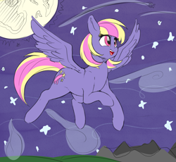Size: 3649x3361 | Tagged: safe, artist:graphene, artist:sirmasterdufel, oc, oc only, oc:stardrop, species:pegasus, species:pony, collaboration, cute, female, flying, mare, night, smiling, solo