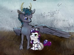 Size: 1280x961 | Tagged: safe, artist:xbi, character:sweetie belle, oc, oc:cannibalus, species:bird, species:deer, species:peryton, species:pony, species:unicorn, sweetie bot, 30 minute art challenge, female, filly, foal, hooves, horn, hybrid, male, original species, robot, robot pony, sitting, solo, spread wings, text, wings