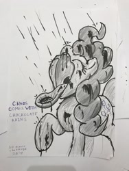 Size: 960x1280 | Tagged: safe, artist:xbi, character:pinkie pie, species:pony, 30 minute art challenge, chocolate, chocolate rain, female, food, rain, solo, traditional art