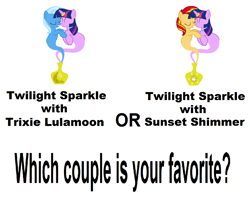 Size: 1282x1048 | Tagged: safe, artist:navitaserussirus, character:sunset shimmer, character:trixie, character:twilight sparkle, asktwixiegenies, ship:sunsetsparkle, ship:twixie, choice, female, genie, lesbian, shipping, simple background, white background