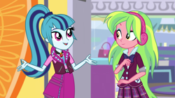 Size: 1278x716 | Tagged: safe, artist:themexicanpunisher, edit, character:lemon zest, character:sonata dusk, equestria girls:dance magic, g4, my little pony: equestria girls, my little pony:equestria girls, spoiler:eqg specials, clothing, crystal prep academy uniform, female, headphones, lemonata, lesbian, looking at each other, open mouth, school uniform, shipping, shrug, smiling