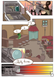 Size: 2480x3508 | Tagged: safe, artist:beardie, oc, oc only, chair, comic, door, gun, rifle, sniper rifle, table, tavern, text, weapon, window