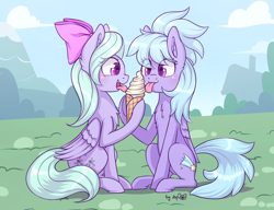 Size: 3120x2400 | Tagged: safe, artist:dsp2003, character:cloudchaser, character:flitter, species:pegasus, species:pony, :3, chest fluff, commission, duo, ear fluff, eating, female, food, hoof hold, ice cream, licking, mare, mlem, open mouth, sharing, silly, tongue out