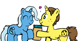 Size: 1664x878 | Tagged: safe, artist:grapefruitface1, character:trixie, oc, oc:grapefruit face, self insert, episode:hearts and hooves day, g4, my little pony: friendship is magic, canon x oc, food, gift giving, grapexie, holiday, peanut butter, self shipping, valentine's day