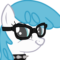 Size: 800x800 | Tagged: safe, artist:toyminator900, derpibooru original, edit, character:white lightning, species:pegasus, species:pony, abstract background, bust, choker, exploitable bolt, faec, female, glasses, mare, simple background, smirk, solo, spiked choker, transparent background, twiface, wrong neighborhood