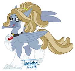 Size: 899x854 | Tagged: safe, artist:tambelon, oc, oc only, oc:bedtime story, ponysona, species:classical hippogriff, species:hippogriff, amulet, classical hippogriffied, feathered fetlocks, female, hippogriffied, piebald colouring, raised leg, simple background, socks (coat marking), solo, species swap, spread wings, unshorn fetlocks, white background, wings