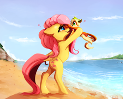 Size: 2500x2000 | Tagged: dead source, safe, artist:miokomata, character:fluttershy, oc, oc:non toxic, species:pegasus, species:pony, baby, baby pony, beach, cute, cute little fangs, duo, fangs, female, foal, folded wings, freckles, heart, lifting, looking at each other, mare, monster pony, ocbetes, original species, shyabetes, smiling, tatzlbetes, tatzlpony, water