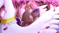 Size: 3840x2160 | Tagged: safe, artist:sugaryviolet, oc, oc only, oc:bassy, oc:intrepid charm, species:pegasus, species:pony, species:unicorn, episode:hearts and hooves day, g4, my little pony: friendship is magic, blushing, boat, cherry blossoms, commission, couple, cuddling, cute, eyes closed, flower, flower blossom, gay, holiday, hug, male, oc x oc, open mouth, shipping, stallion, swan boat, unshorn fetlocks, valentine's day, water, winghug