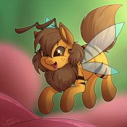 Size: 1280x1280 | Tagged: safe, artist:sugaryviolet, oc, oc only, oc:beeatrice, species:pony, bee pony, blurred background, cute, female, flying, happy, mare, ocbetes, open mouth, original species, signature, smiling, solo