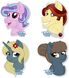 Size: 1093x1239 | Tagged: safe, artist:tambelon, oc, oc only, oc:aegis, oc:carnelian clout, oc:low key, oc:succulent scent, species:crystal pony, species:pegasus, species:pony, species:unicorn, amulet, female, flower, flower in hair, male, mare, rule 63, simple background, smiling, stallion, transparent background