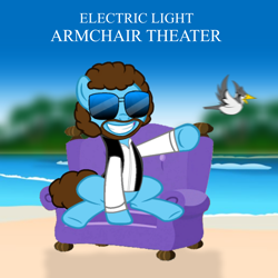 Size: 1200x1200 | Tagged: safe, artist:grapefruitface1, base used, oc, oc:electric light, species:bird, species:pony, album cover, armchair, beach, clothing, couch, jeff lynne, parody, ponified, ponified album cover, solo
