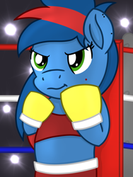 Size: 1200x1600 | Tagged: safe, artist:toyminator900, oc, oc only, oc:hay maker, species:earth pony, species:pony, boxing, boxing gloves, boxing ring, clothing, midriff, semi-anthro, solo, sports, sports bra