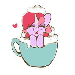 Size: 1800x1800 | Tagged: safe, artist:dawnfire, oc, oc only, oc:dawnfire, species:pony, species:unicorn, :t, blep, cup, cup of pony, cute, eyes closed, female, food, heart, leaning, mare, micro, ponies in food, silly, simple background, smiling, solo, tiny ponies, tongue out, whipped cream, white background