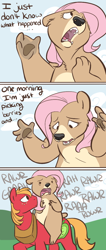 Size: 550x1296 | Tagged: safe, artist:php27, character:big mcintosh, character:fluttershy, species:earth pony, species:pony, bear, bearified, brother bear, comic, crossover, disney, duo, female, flutterbear, frown, male, open mouth, ponyback ride, riding, species swap, stallion, talking