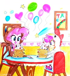 Size: 1413x1529 | Tagged: safe, artist:liaaqila, character:pinkie pie, character:scootaloo, species:pegasus, species:pony, my little pony:equestria girls, animal costume, balloon, chicken suit, clothing, costume, cutie mark, eating, food, fork, kigurumi, monkey, painting, pancakes, scootachicken, scootalove, table, the cmc's cutie marks, whipped cream