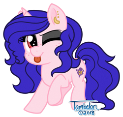 Size: 603x574 | Tagged: safe, artist:tambelon, oc, oc only, oc:spooky sounds, species:pony, species:unicorn, ear piercing, earring, female, jewelry, mare, piercing, simple background, solo, succubus, tongue out, white background
