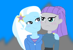 Size: 797x544 | Tagged: safe, artist:grapefruitface1, character:maud pie, character:trixie, ship:mauxie, my little pony:equestria girls, blushing, clothing, female, frown, lesbian, request, requested art, shipping, smiling