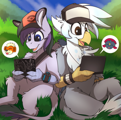 Size: 1543x1539 | Tagged: safe, artist:meggchan, oc, oc only, oc:ganix, oc:vintage collection, species:griffon, species:hippogriff, 3ds, bracelet, claws, clothing, commission, cosplay, costume, crossover, cute, fluffy, gaming, grass, growlithe, hat, jewelry, male, nintendo, open mouth, pictogram, pokémon, smiling, talons, video game, weavile, wristband