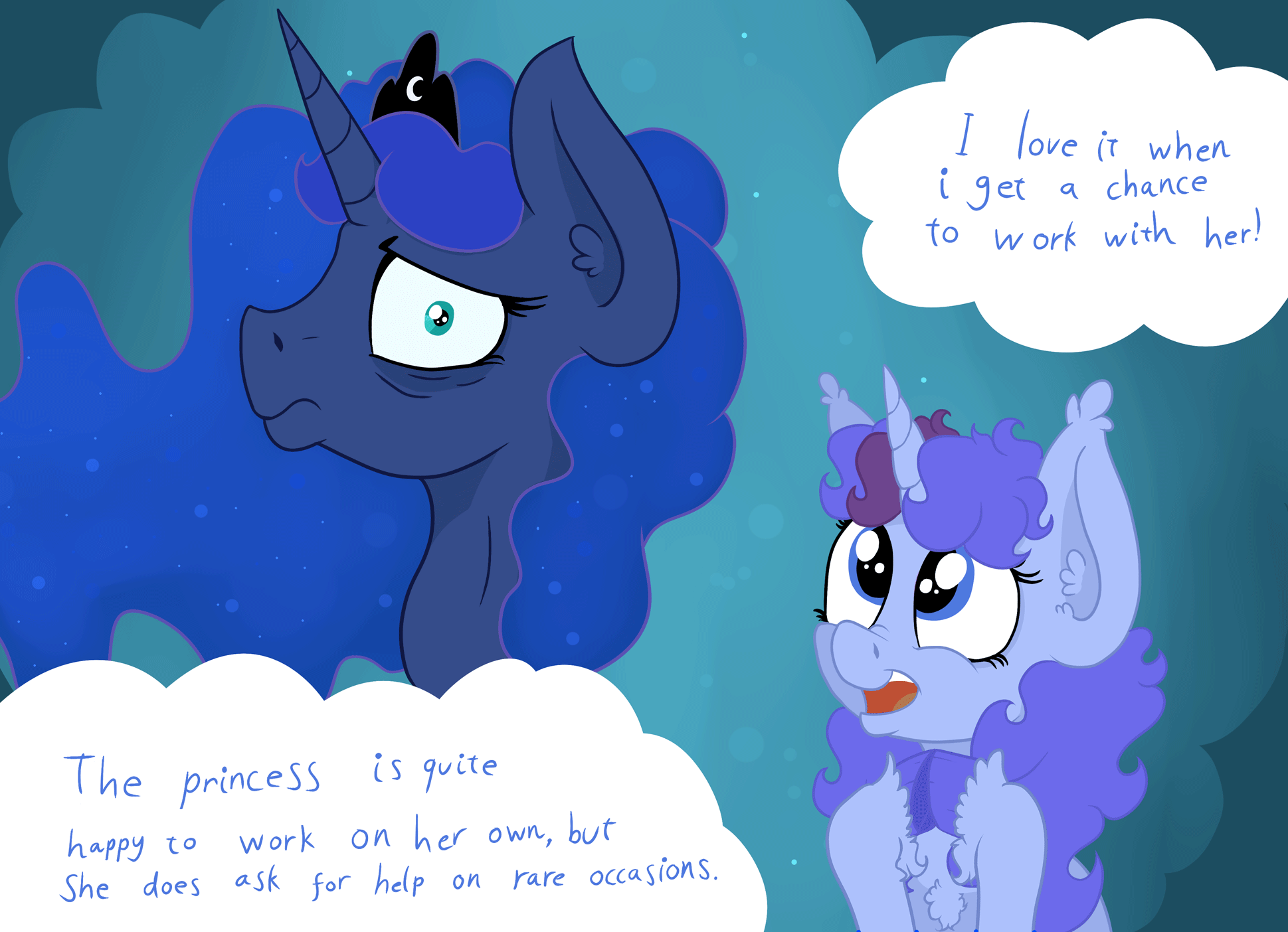 Size: 1939x1404 | Tagged: safe, artist:paskanaakka, derpibooru original, character:princess luna, oc, oc:midnight dew, species:pony, species:unicorn, abstract background, animated, bags under eyes, chest fluff, clapping, dialogue, duo, ear fluff, excited, eye shimmer, female, mare, nose wrinkle, smiling, tired