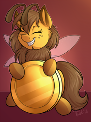 Size: 960x1280 | Tagged: safe, artist:sugaryviolet, oc, oc only, oc:beeatrice, species:pony, bee pony, coin, cute, eyes closed, female, grin, mare, ocbetes, original species, smiling, solo