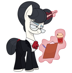 Size: 1285x1296 | Tagged: safe, artist:moonatik, character:raven inkwell, species:pony, species:unicorn, g4, clipboard, clothing, coffee, formal, glasses, hair bun, lidded eyes, loss (meme), magic, pants, pen, shirt, smiling, solo, suit, tail bun