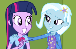 Size: 1021x657 | Tagged: safe, artist:grapefruitface1, base used, character:trixie, character:twilight sparkle, ship:twixie, my little pony:equestria girls, duo, female, hand on shoulder, lesbian, request, shipping, tissue