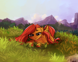 Size: 2500x2000 | Tagged: dead source, safe, artist:miokomata, character:fluttershy, species:pegasus, species:pony, cloud, cute, female, grass, mare, prone, scenery, shyabetes, sky, solo, tired