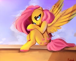 Size: 2500x2000 | Tagged: dead source, safe, artist:miokomata, character:fluttershy, species:pegasus, species:pony, anatomically incorrect, cute, female, incorrect leg anatomy, mare, shyabetes, sitting, sky, smiling, solo